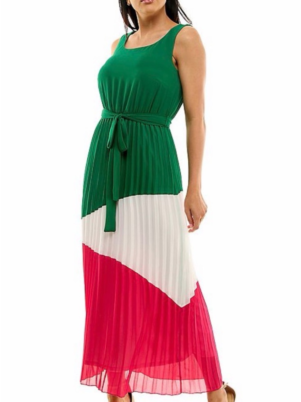Nina Leonard Green White Pink Pleated Colorblock Maxi Dress